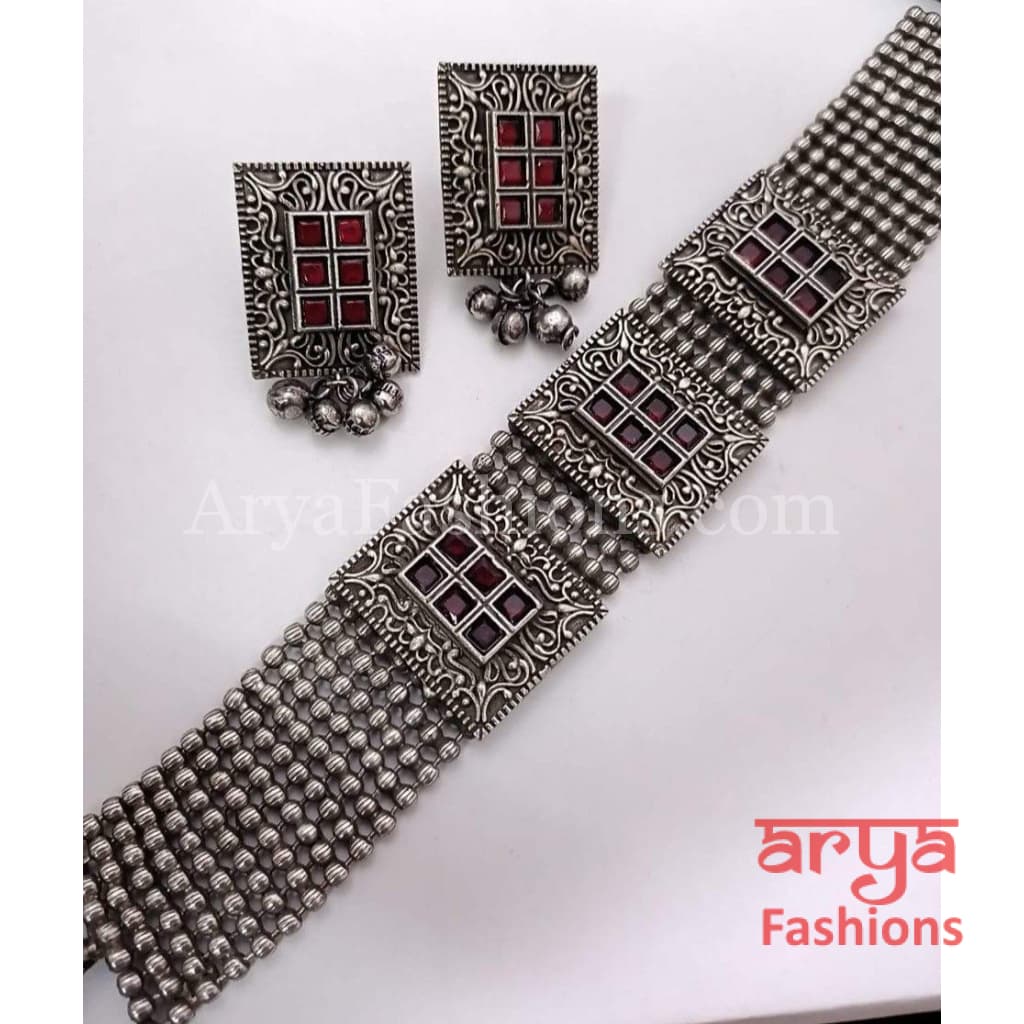 German Silver Tribal Choker with colored stones