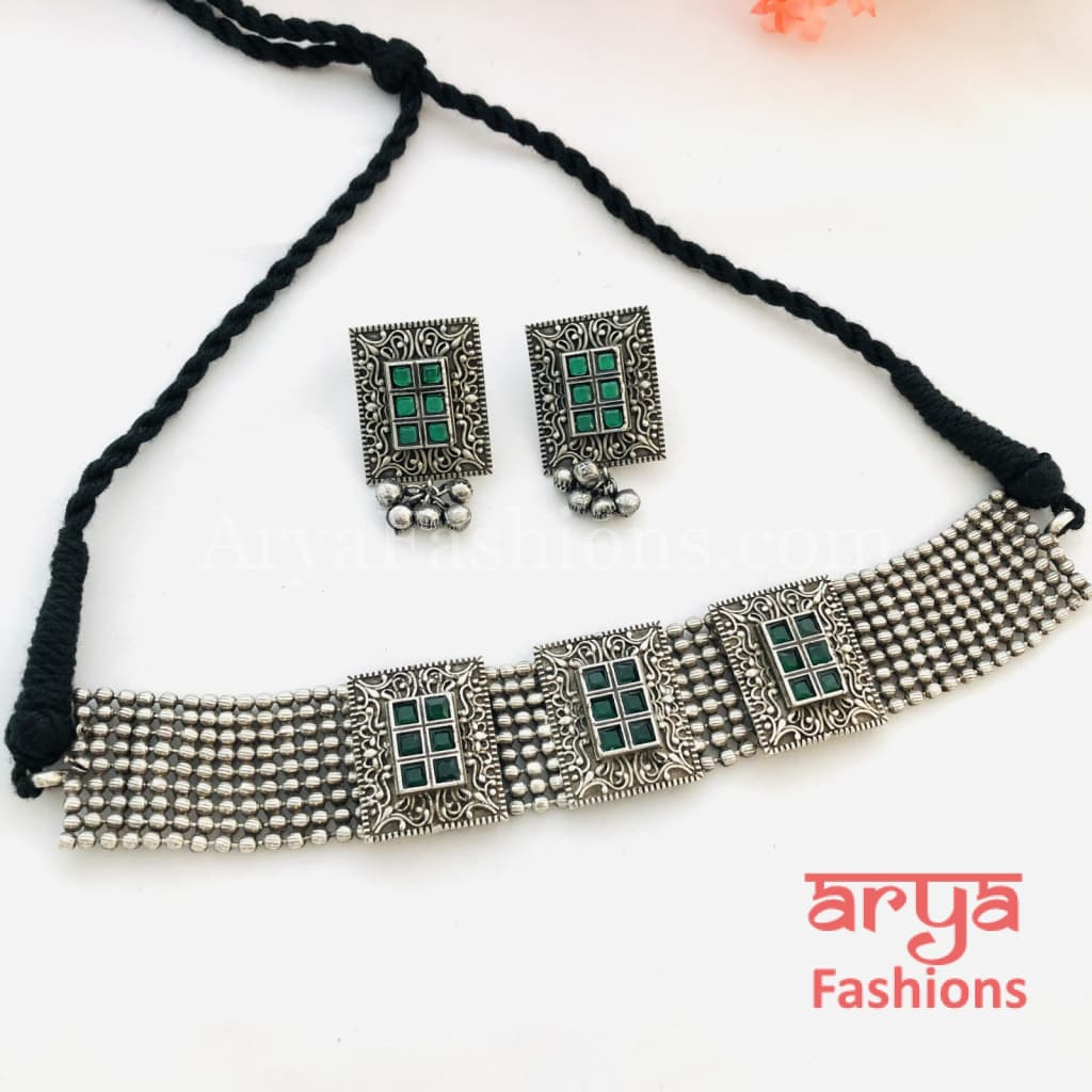 German Silver Tribal Choker with colored stones