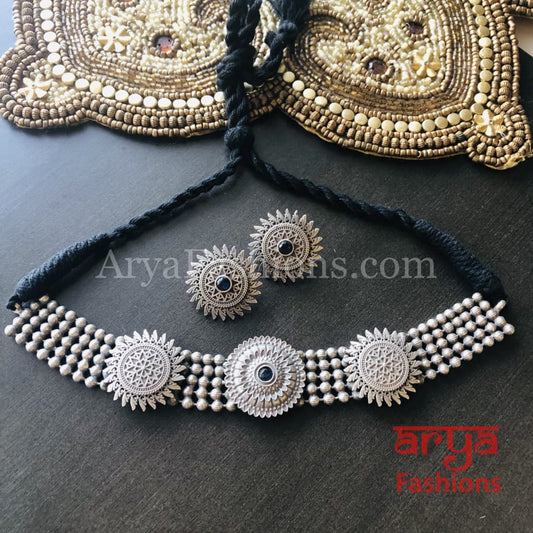 German Silver Tribal Choker with colored stones