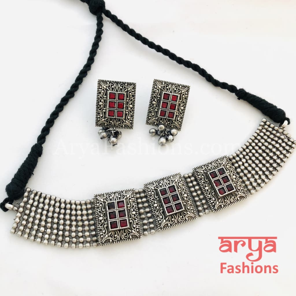 German Silver Tribal Choker with colored stones