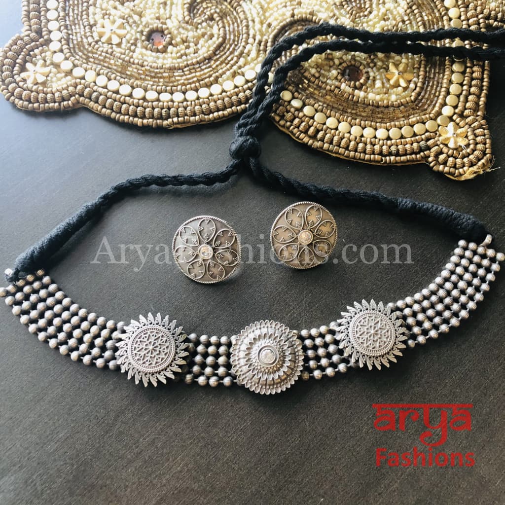 German Silver Tribal Choker with colored stones