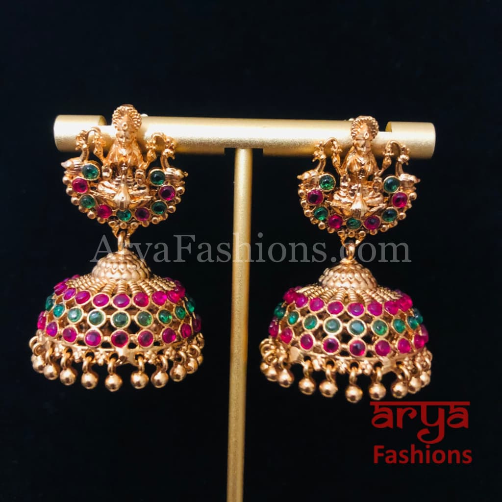 Golden Ball Jhumka Earrings with multicolor Kemp stones