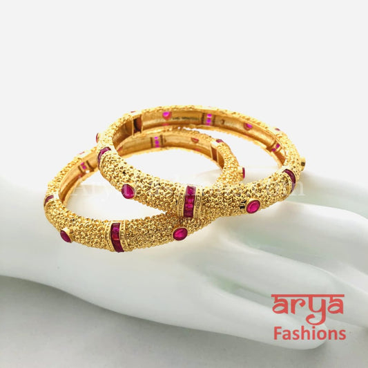 Golden Bangles with Ruby and White Stones Pair of 2