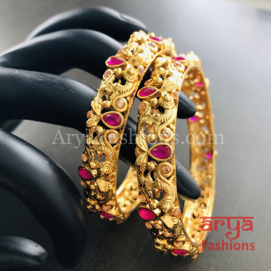 Golden Bangles with Ruby and White Stones Pair of 2