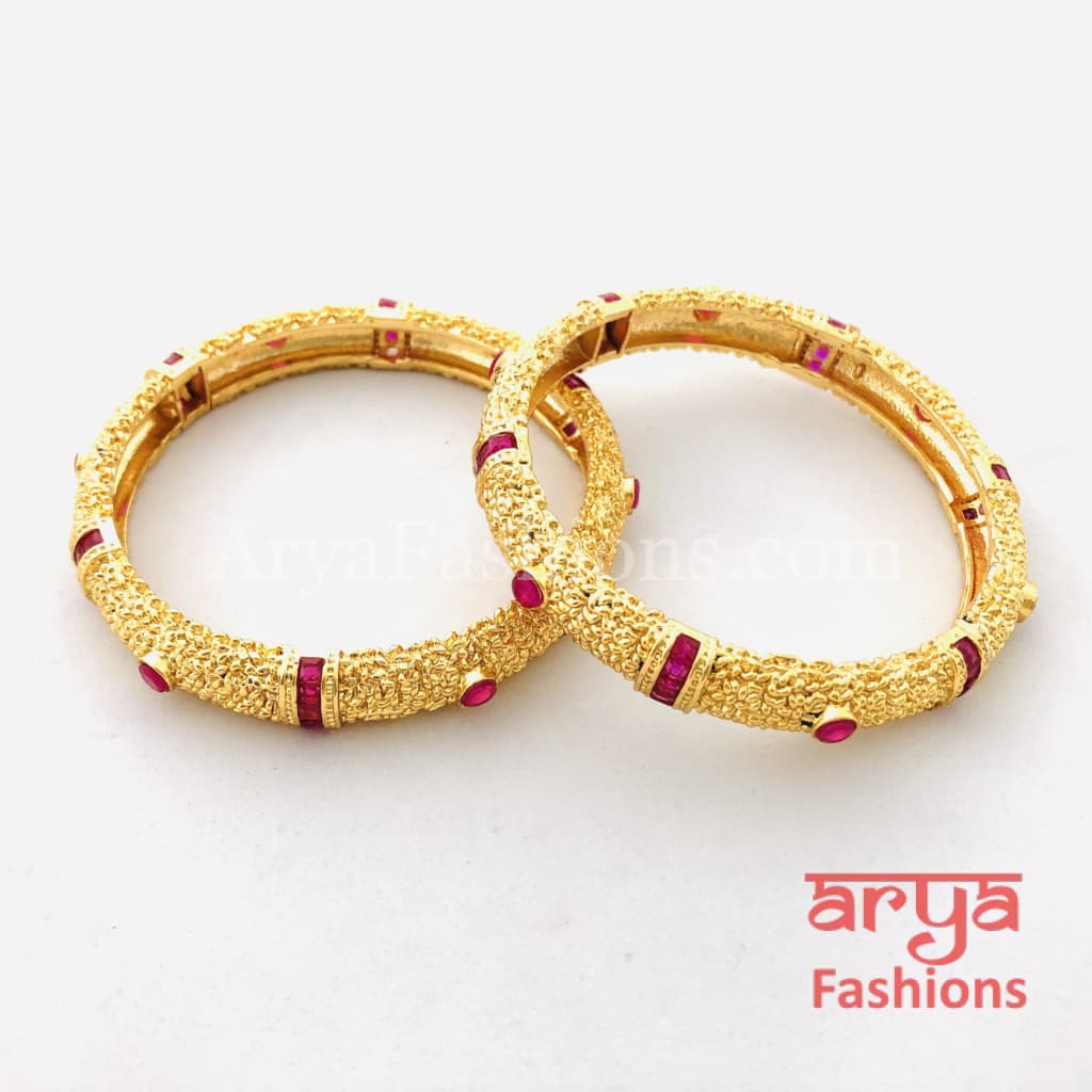 Golden Bangles with Ruby and White Stones Pair of 2