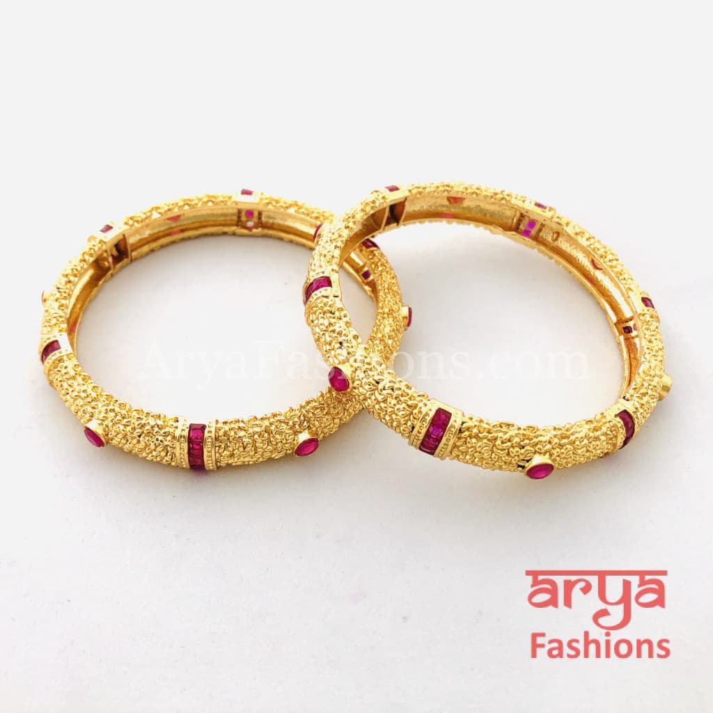 Golden Bangles with Ruby and White Stones Pair of 2