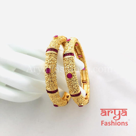 Golden Bangles with Ruby and White Stones Pair of 2