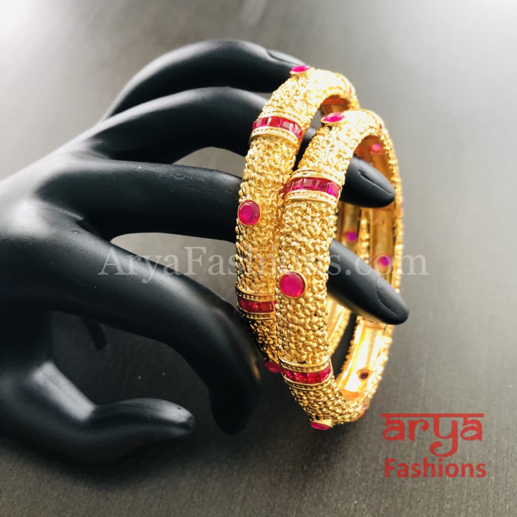Golden Bangles with Ruby and White Stones Pair of 2
