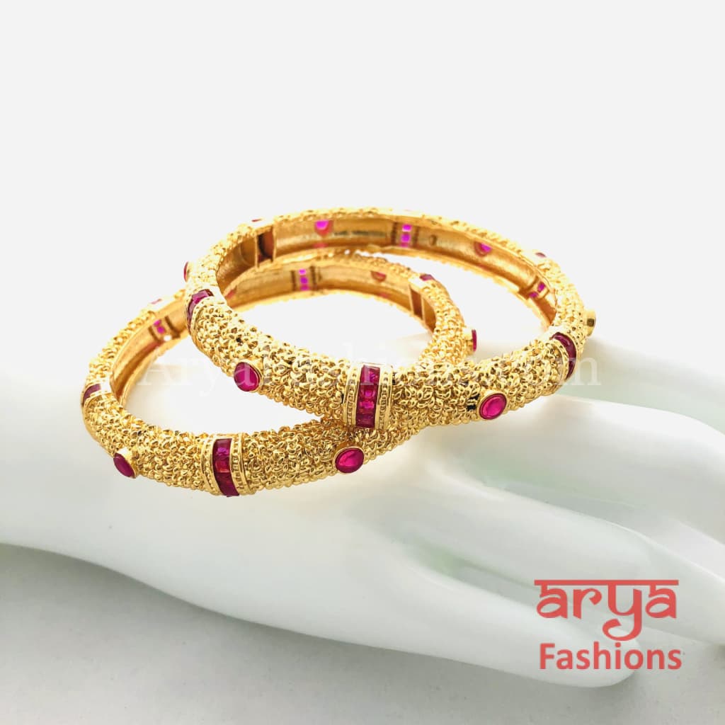 Golden Bangles with Ruby and White Stones Pair of 2