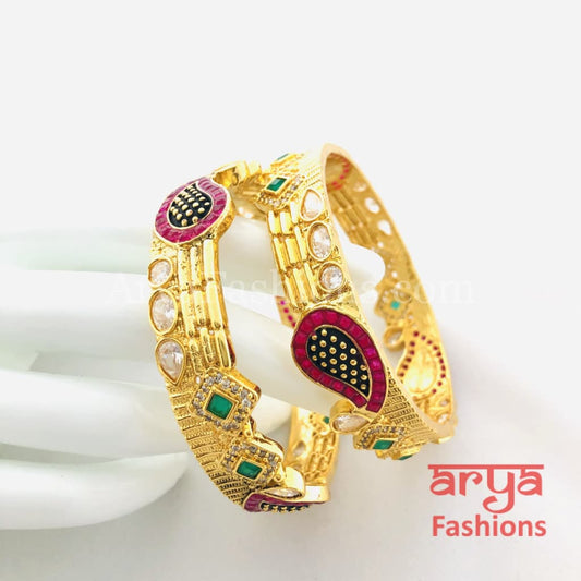 Golden Black Meenakari Ruby Jadau Bangles/ Pair of 2 Rajwadi Kada