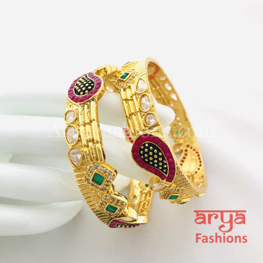 Golden Black Meenakari Ruby Jadau Bangles/ Pair of 2 Rajwadi Kada