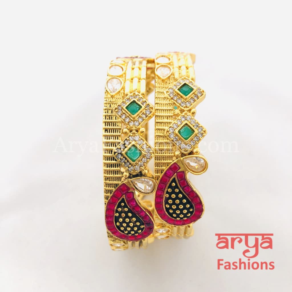 Golden Black Meenakari Ruby Jadau Bangles/ Pair of 2 Rajwadi Kada
