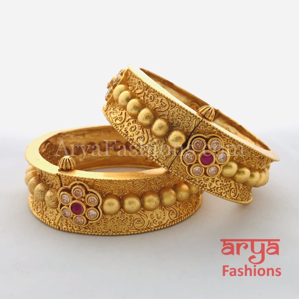 Golden Bridal Bangles with Ruby and White Stones