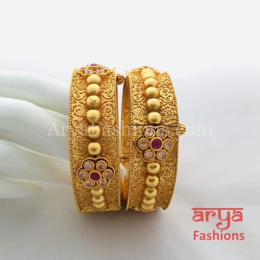 Golden Bridal Bangles with Ruby and White Stones