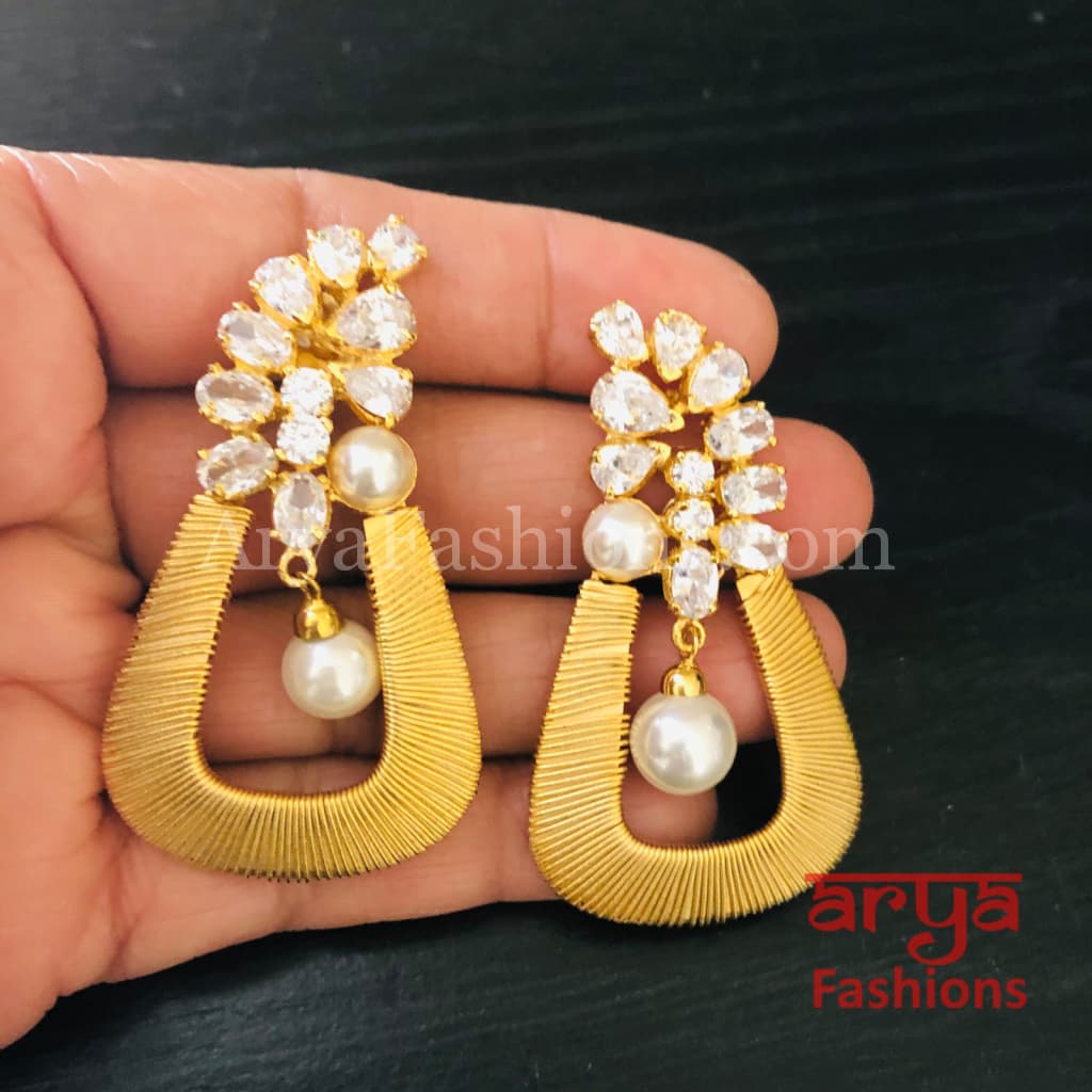 Golden CZ Fusion Earrings/ Gray Pearl Cocktail Earrings
