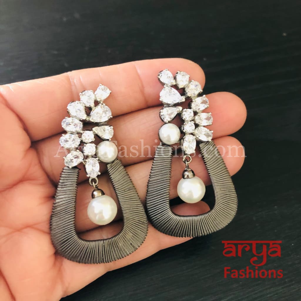 Golden CZ Fusion Earrings/ Gray Pearl Cocktail Earrings