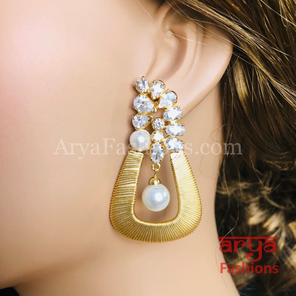 Golden CZ Fusion Earrings/ Gray Pearl Cocktail Earrings
