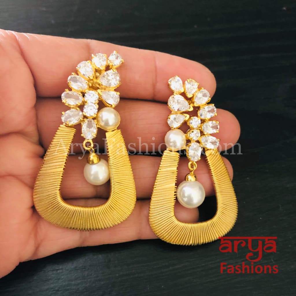 Golden CZ Fusion Earrings/ Gray Pearl Cocktail Earrings