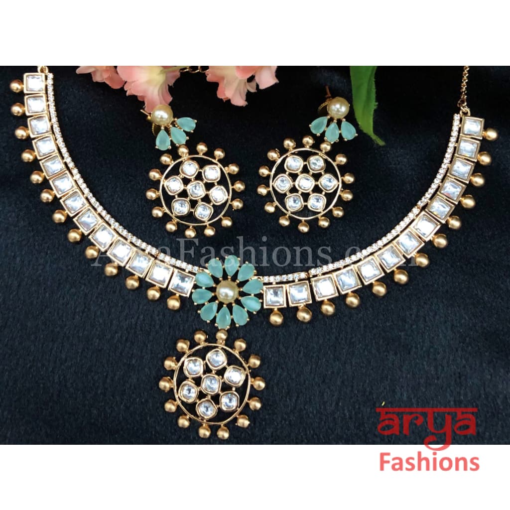 Golden Flower Theme Cubic Zirconia Kundan Necklace