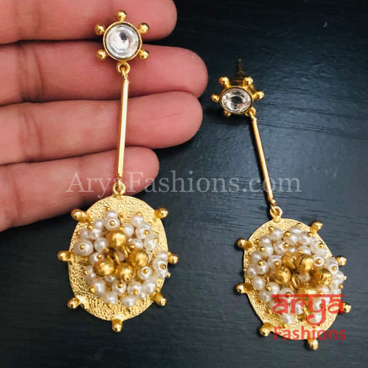 Golden Fusion Earrings with Pearl and Ghungroo beads