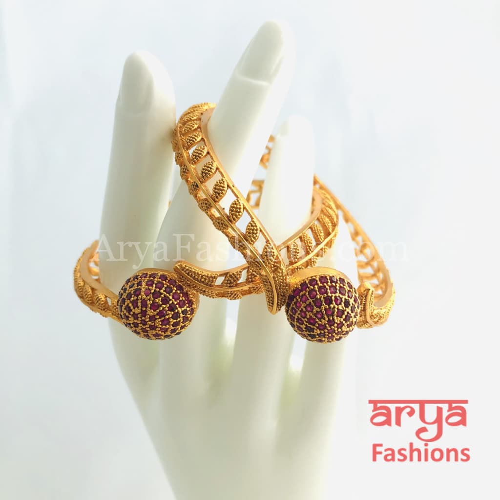 Golden Gokhru Bangles with Ruby Stones South Indian Jewelry Kada