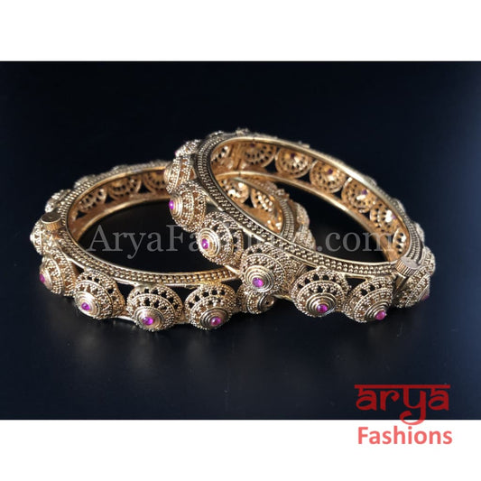 Golden Hand carved Openable Bangles with Ruby Stones