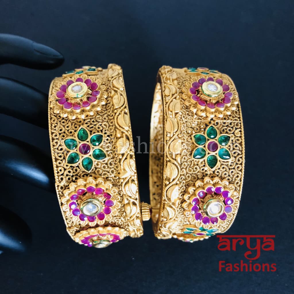 Golden Handcarved Kundan Jadau Kada with Ruby and stones