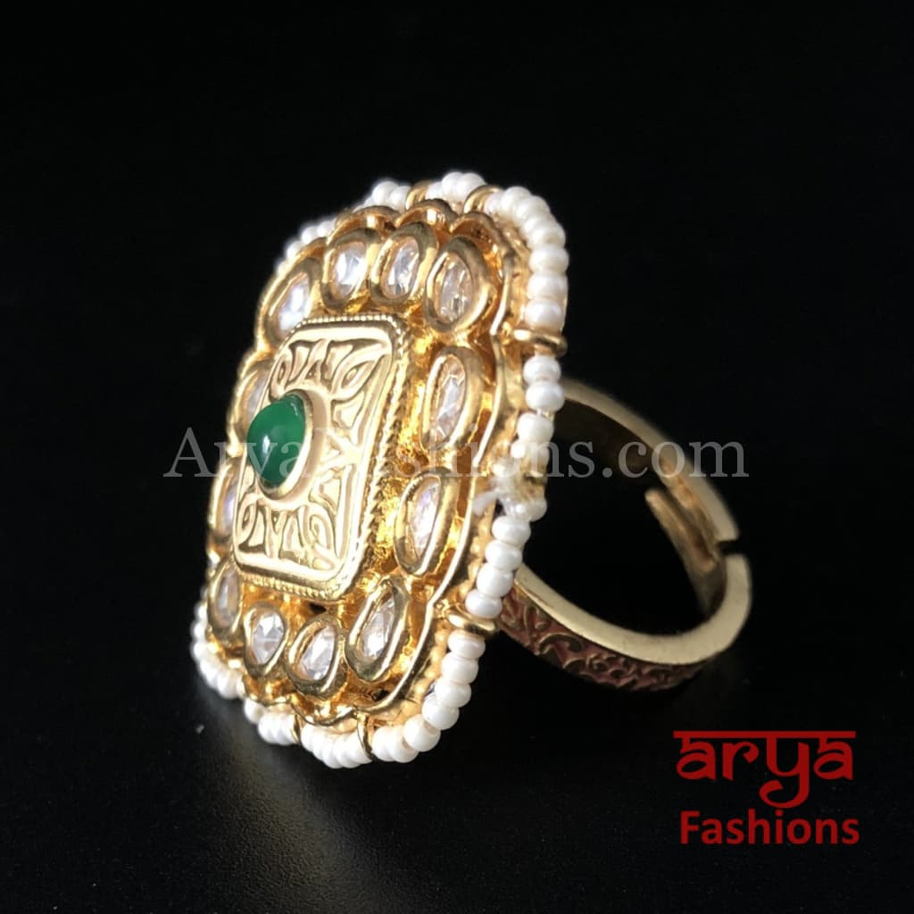 Golden Ivory White Meenakari Kundan Ring with Emerald Center Stone