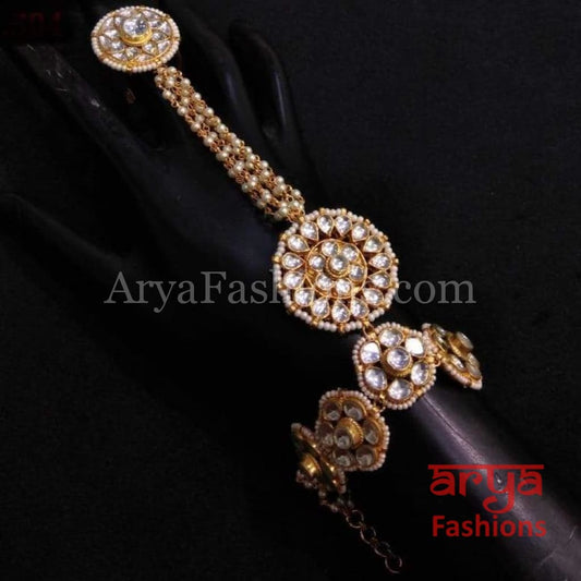 Golden Kundan Hathphool with Pearls