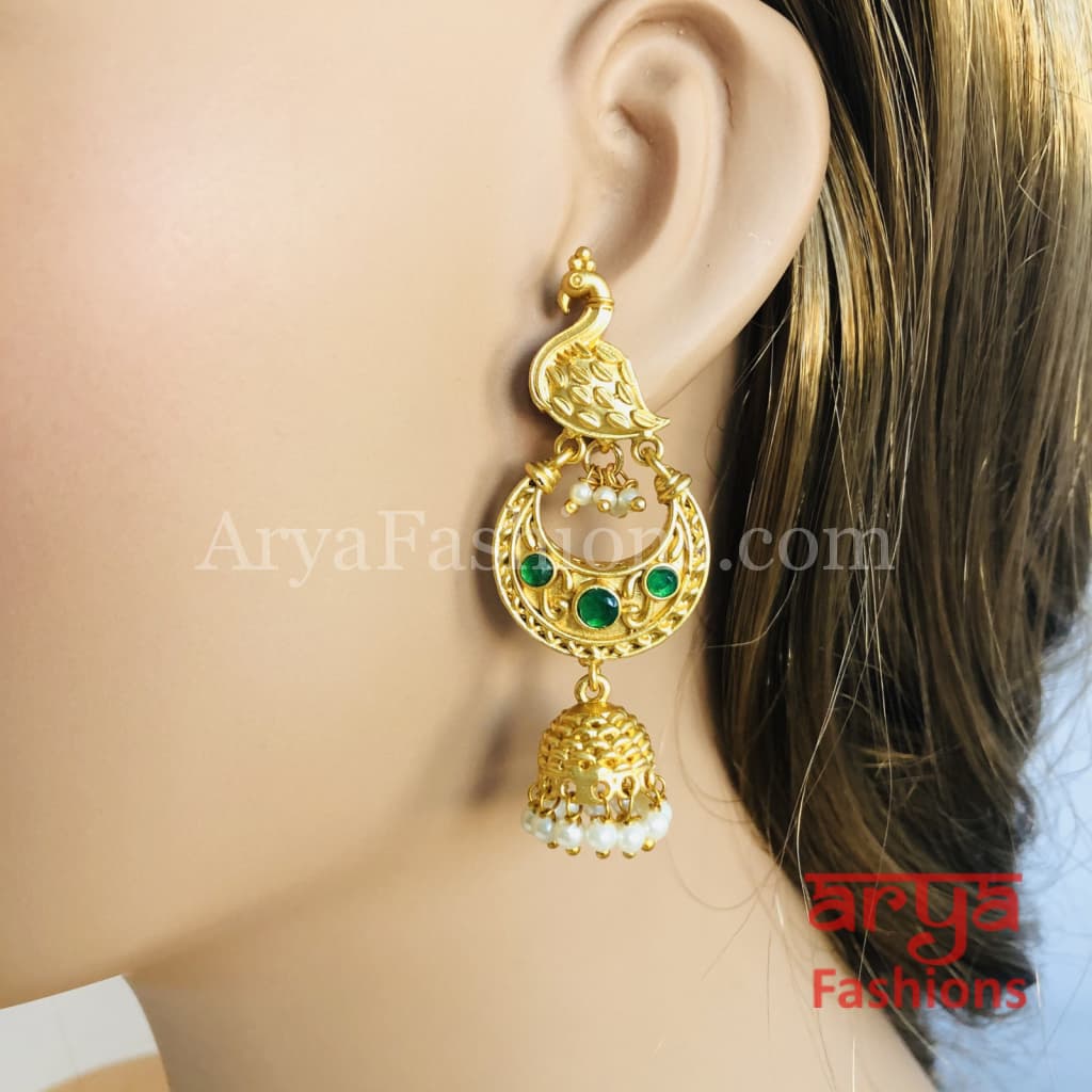Golden Kundan Pearl Bird Jhumka Earrings