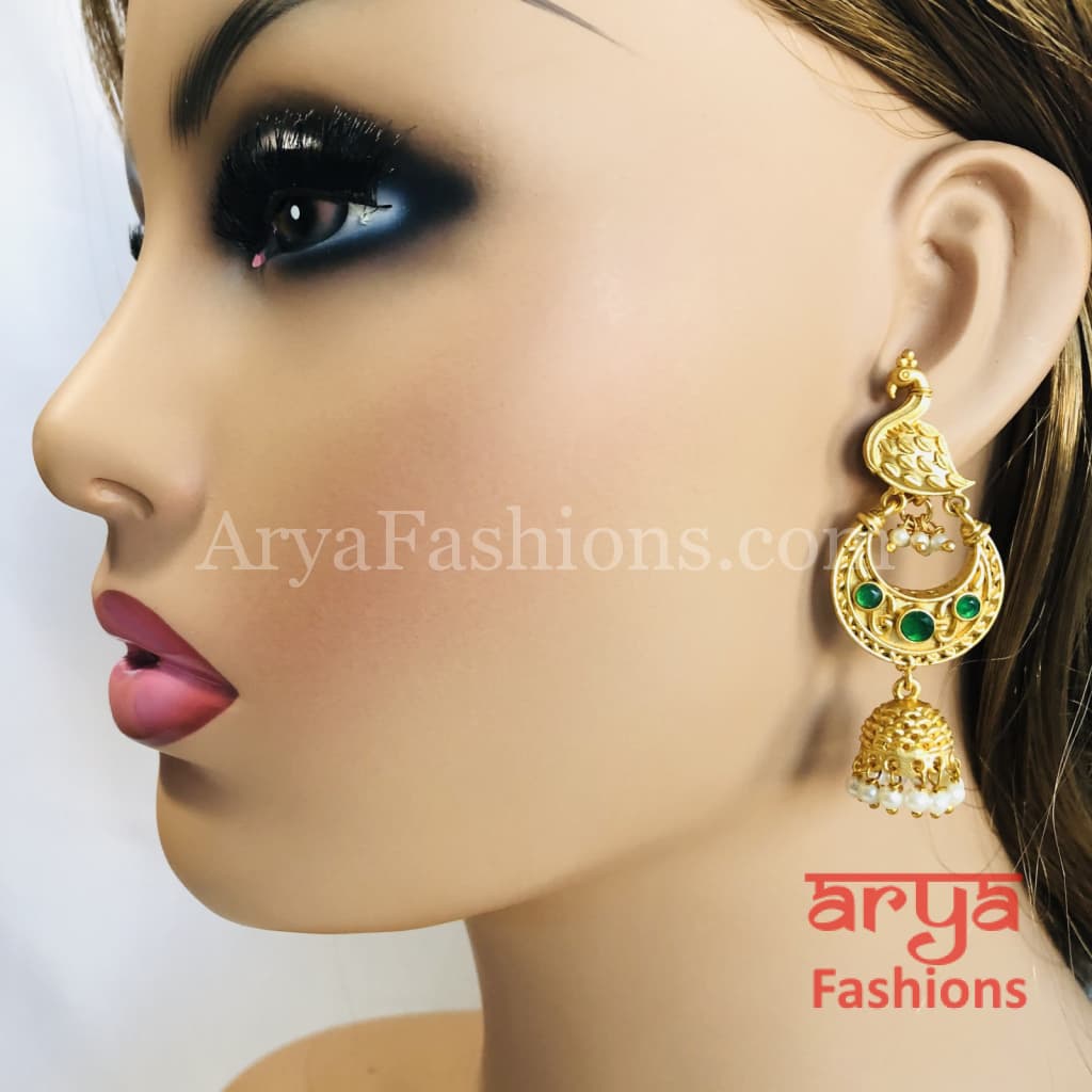 Golden Kundan Pearl Bird Jhumka Earrings