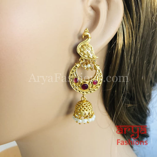 Golden Kundan Pearl Bird Jhumka Earrings