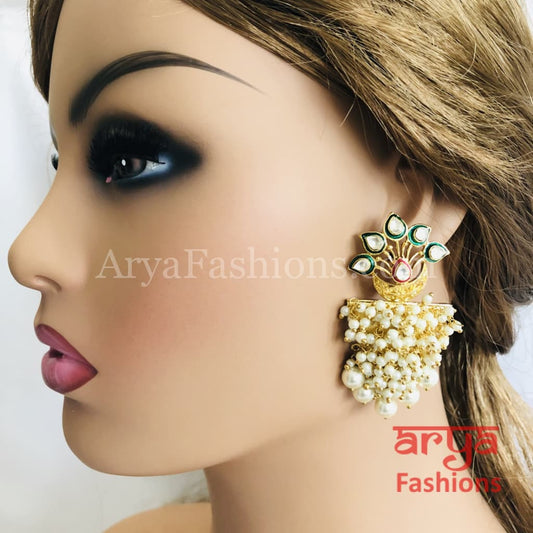 Golden Kundan Pearl Meenakari Ethnic Earrings