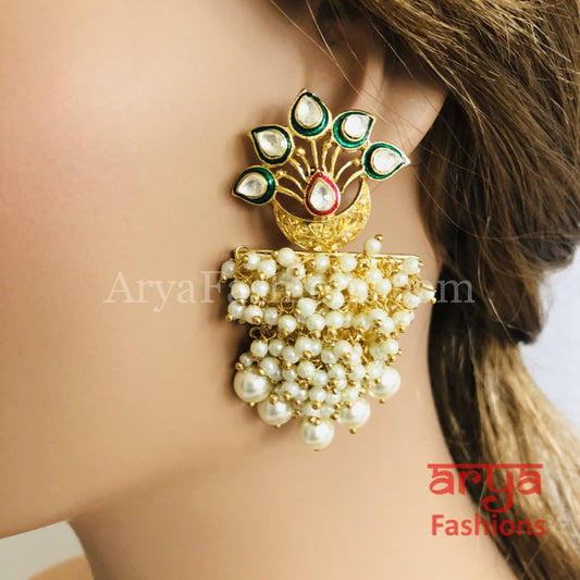 Golden Kundan Pearl Meenakari Ethnic Earrings