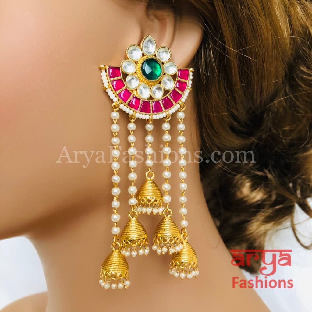 Golden Kundan Ruby Jadau Rajasthani Jhumka Earrings