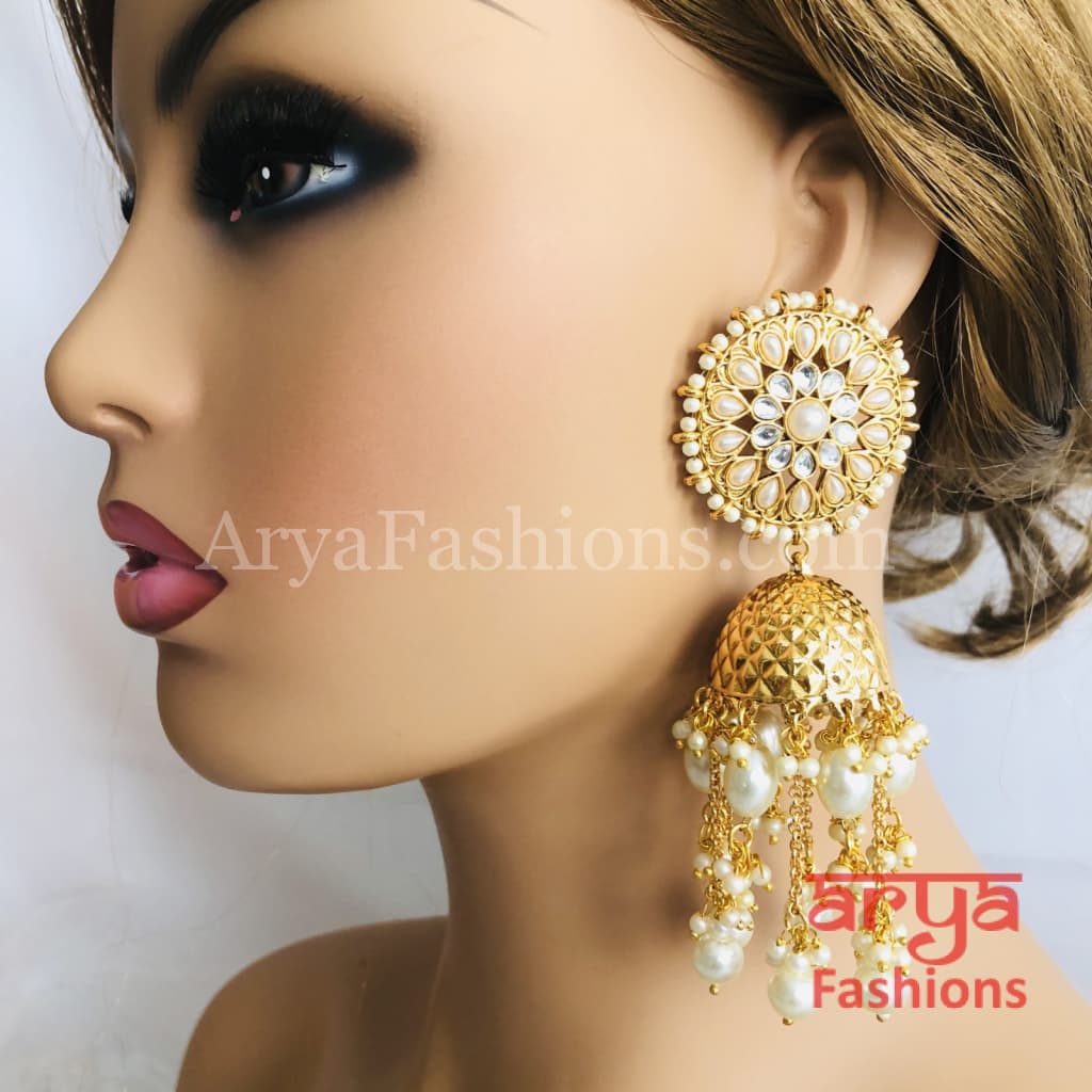 Golden Meenakari Long Jhumka Earrings with Colorful beads