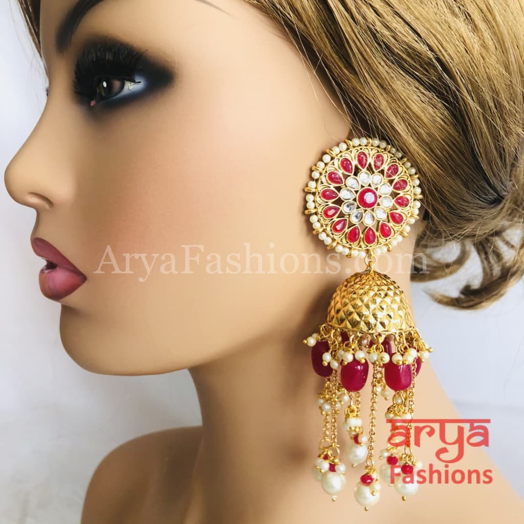 Golden Meenakari Long Jhumka Earrings with Colorful beads