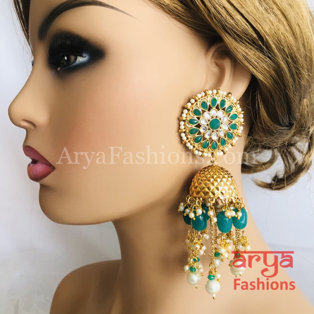 Golden Meenakari Long Jhumka Earrings with Colorful beads