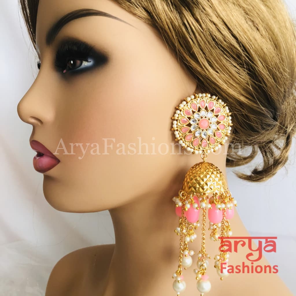 Golden Meenakari Long Jhumka Earrings with Colorful beads