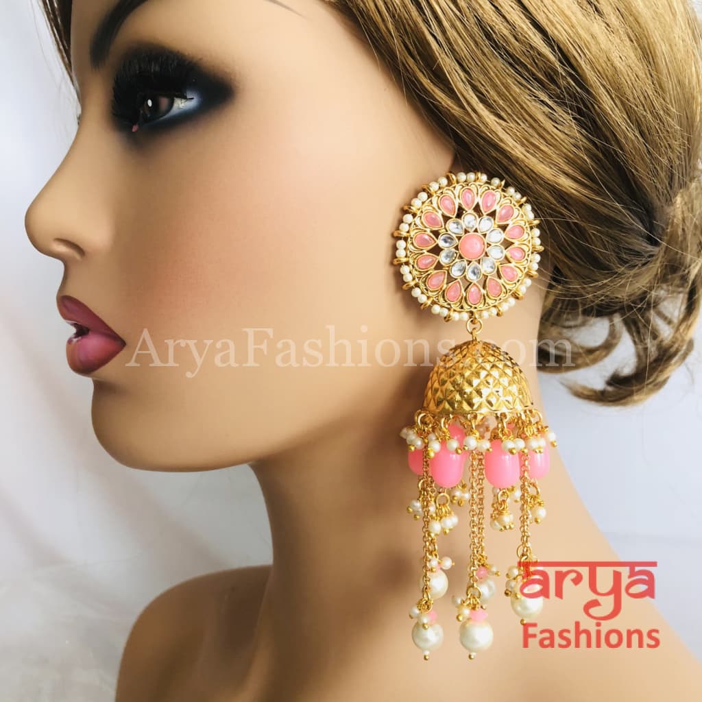 Golden Meenakari Long Jhumka Earrings with Colorful beads