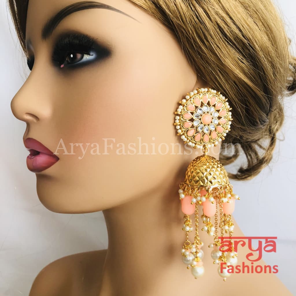 Golden Meenakari Long Jhumka Earrings with Colorful beads