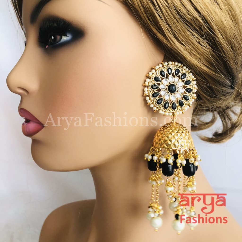 Golden Meenakari Long Jhumka Earrings with Colorful beads