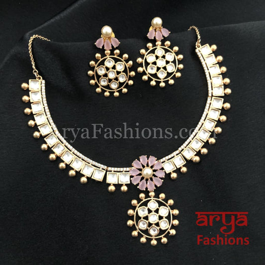 Golden Pink Flower Cubic Zirconia Kundan Necklace