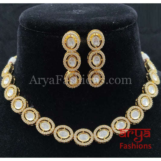Golden Polki Kundan Necklace with CZ Stones
