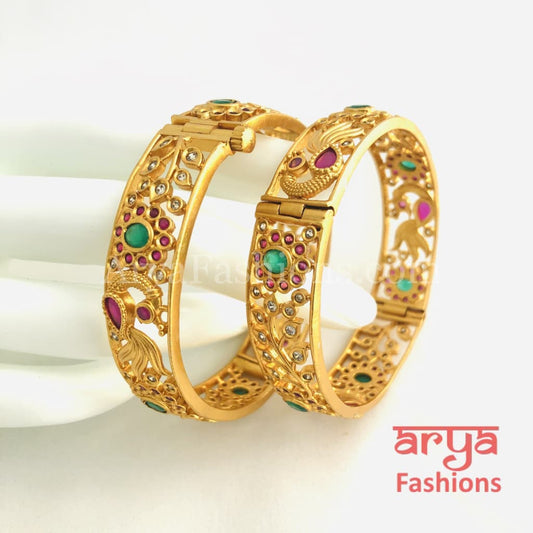 Golden Ruby Emerald Handcrafted Kada Bangles with Kundan CZ Stones