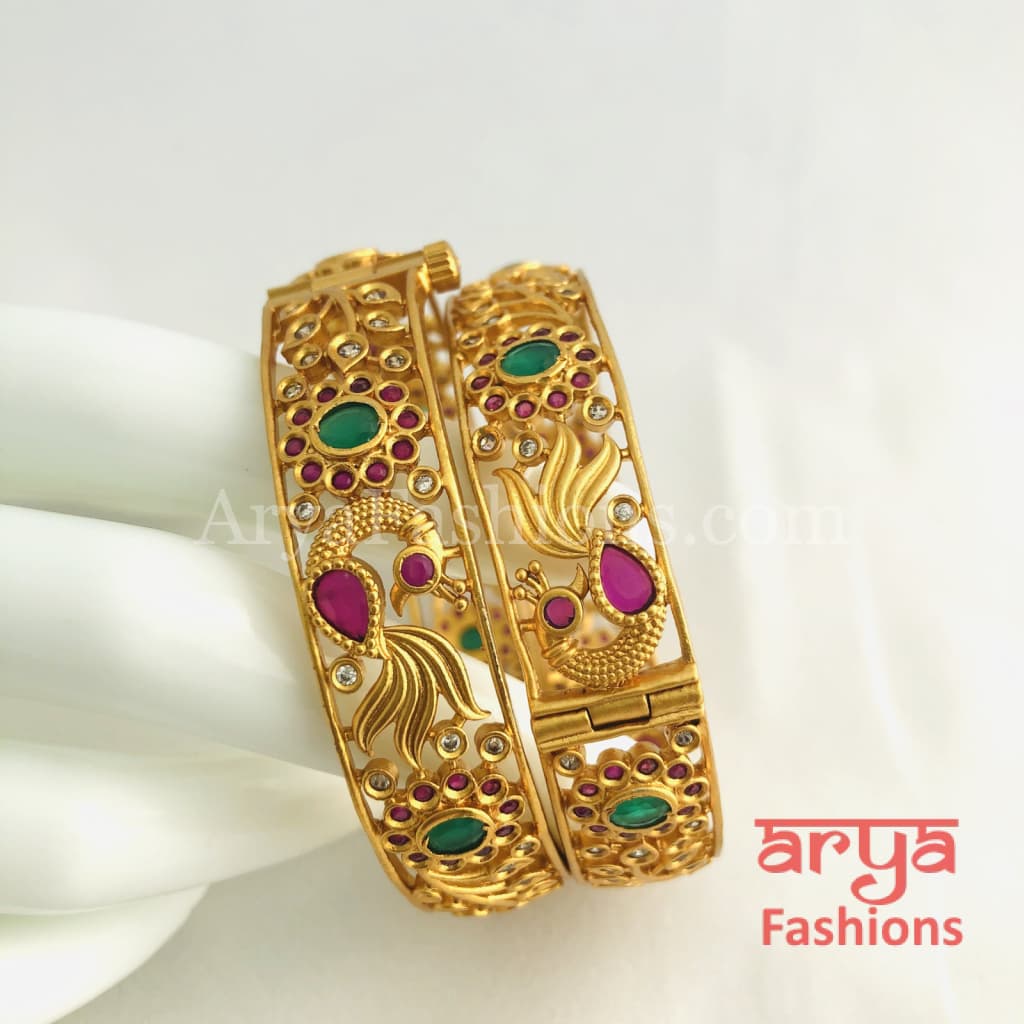 Golden Ruby Emerald Handcrafted Kada Bangles with Kundan CZ Stones