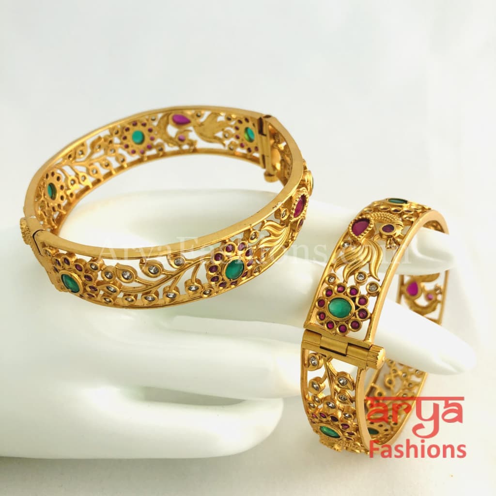 Golden Ruby Emerald Handcrafted Kada Bangles with Kundan CZ Stones