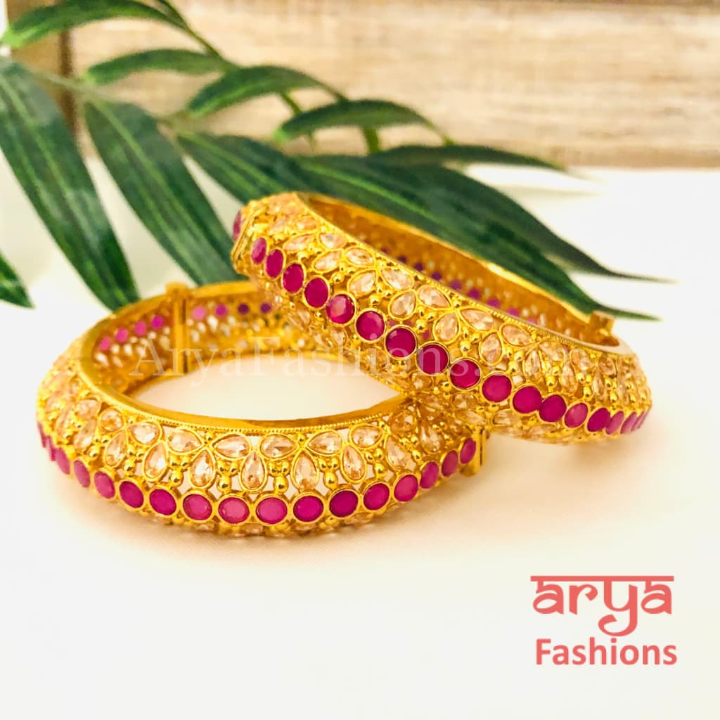 Golden Ruby Pink Polki Kada Pair of 2 Bangles