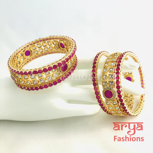 Golden CZ Ruby Pink Trendy Bangles with Kada Set of 6