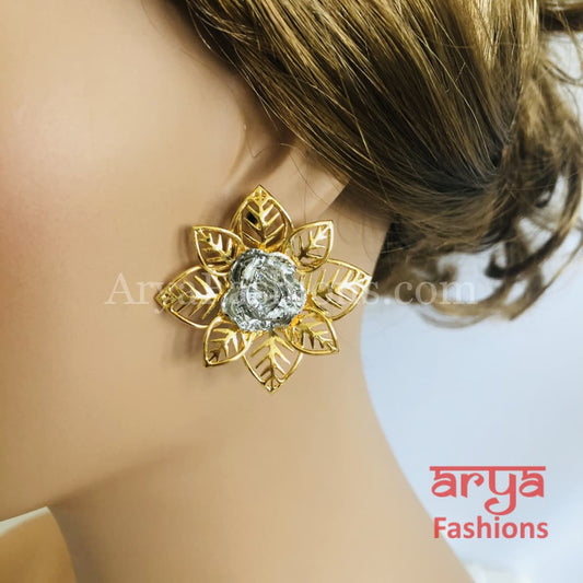 Golden Silver Ethnic Designer Flower Earrings